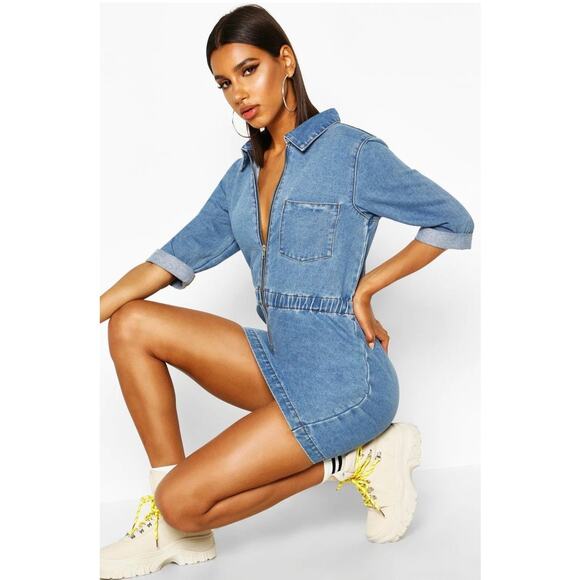 NWOT Boohoo Zip Up Denim Dress Size 8 - Picture 6 of 7